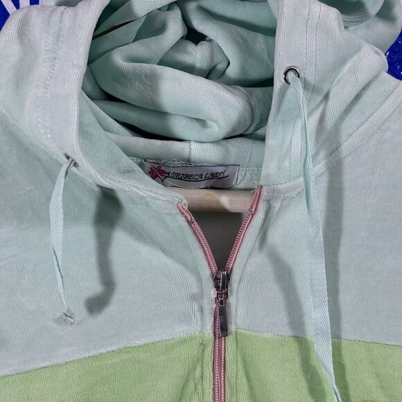 Tribeca Lady Teal Green Pink Stitch Soft Zip-up Drawstring VTG Jacket Woman’s XL - Picture 3 of 7